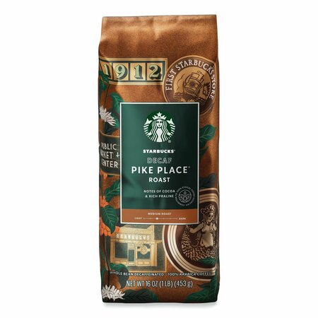STARBUCKS Whole Bean Coffee, Decaffeinated, Pike Place, 1 lb, Bag 12540222